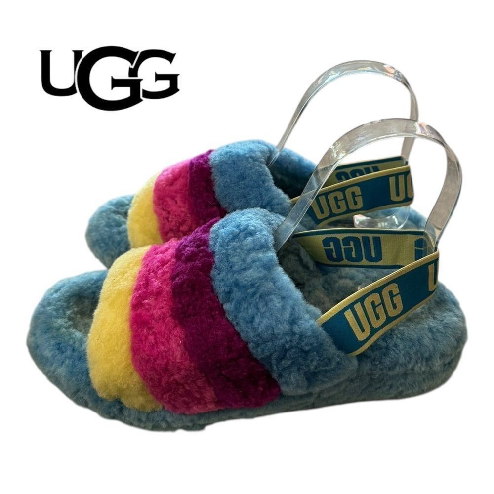 UGG Women's Fluff Yeah Blue Multi Slide Sandals 7